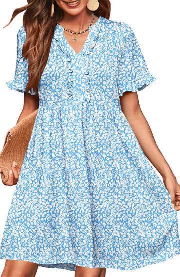 UVN Summer Dresses for Women V Neck Short Sleeve Casual A Line Dress Flowy Swing Ruffle Sundress with Pockets