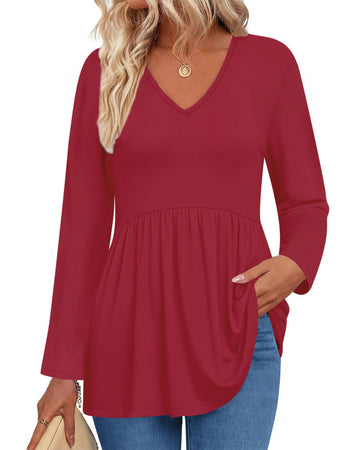 UVN Fall Blouses for Women Long Sleeve V Neck Peplum Tunic Tops Casual Babydoll Flowy T Shirts