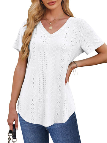 UVN Summer Blouses for Women Short Sleeves V Neck Shirts Curved Hem Loose Fit Tunic Tops