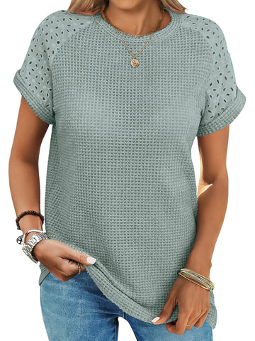 UVN Summer Blouses for Women Short Sleeve Crewneck Dressy Shirts Ladies Casual Waffle Knit Hollow Out Tunic Tops