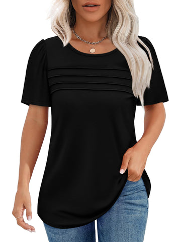 UVN Short Sleeve Blouse for Women Summer Dressy Casual Crewneck Shirt Pleated Tunic Tops