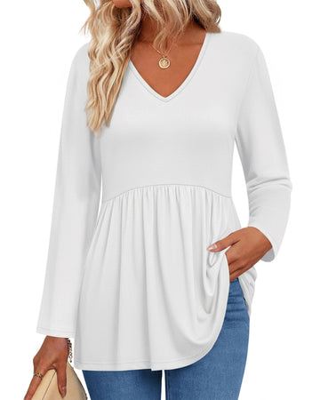 UVN Fall Blouses for Women Long Sleeve V Neck Peplum Tunic Tops Casual Babydoll Flowy T Shirts