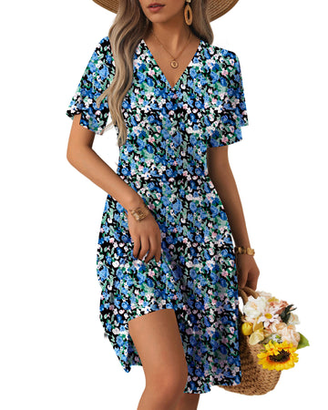 UVN Summer Dresses for Women Short Sleeve V Neck A-Line Midi Dress Boho Beach Floral Print Sundress