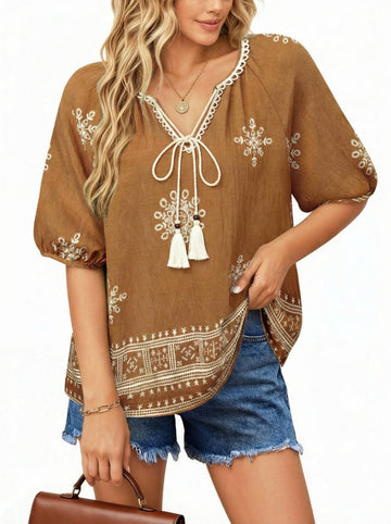 UVN Summer Tops for Women Short Sleeve V Neck Boho Casual Blouses Ladies Floral Print Tie Front Flowy Shirts