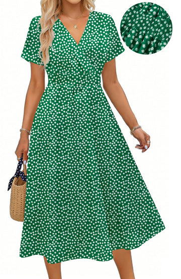 UVN Women Summer Dresses Short Sleeve V Neck A-Line Midi Dress Ladies Boho Beach Floral Print Sundress