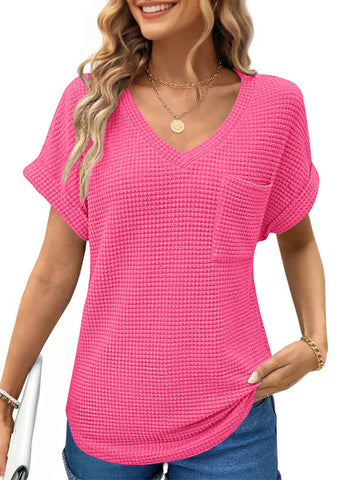 UVN Womens Summer Tops Short Sleeve V Neck Blouses Ladies Casual Waffle Knit Trendy Tunic Shirts