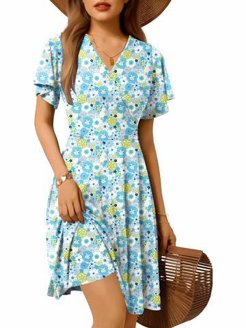 UVN Summer Dresses for Women Short Sleeve V Neck A-Line Midi Dress Boho Beach Floral Print Sundress