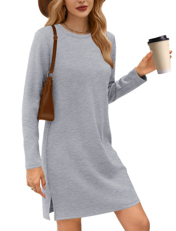 UVN Dresses for Women Fall Winter Long Sleeve Crewneck Casual Pullover Sweatshirt Dress with Side Split