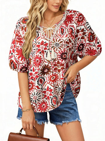 UVN Summer Tops for Women Short Sleeve V Neck Boho Casual Blouses Ladies Floral Print Tie Front Flowy Shirts