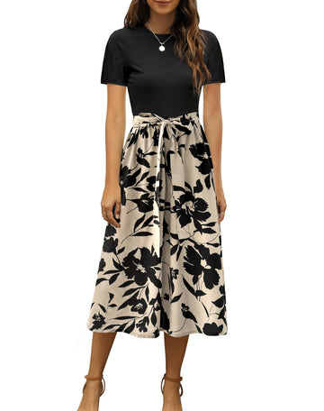 UVN Summer Dresses for Women Short Sleeve Ribbed Casual Midi Dress Ladies Floral Print Sundress with Pockets
