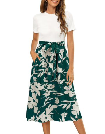 UVN Summer Dresses for Women Short Sleeve Ribbed Casual Midi Dress Ladies Floral Print Sundress with Pockets