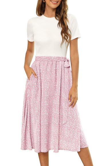 UVN Summer Dresses for Women Short Sleeve Ribbed Casual Midi Dress Ladies Floral Print Sundress with Pockets