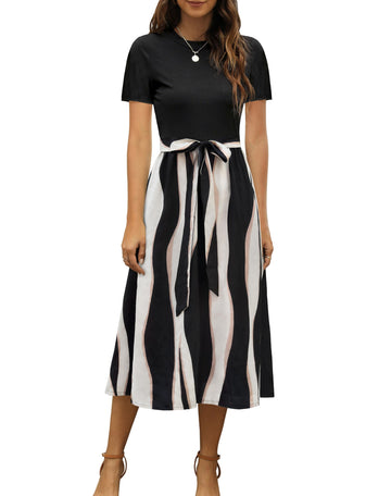 UVN Summer Dresses for Women Short Sleeve Ribbed Casual Midi Dress Ladies Floral Print Sundress with Pockets