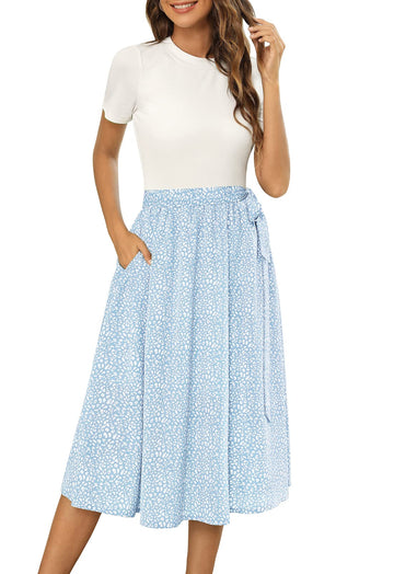 UVN Summer Dresses for Women Short Sleeve Ribbed Casual Midi Dress Ladies Floral Print Sundress with Pockets