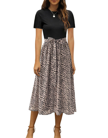 UVN Summer Dresses for Women Short Sleeve Ribbed Casual Midi Dress Ladies Floral Print Sundress with Pockets