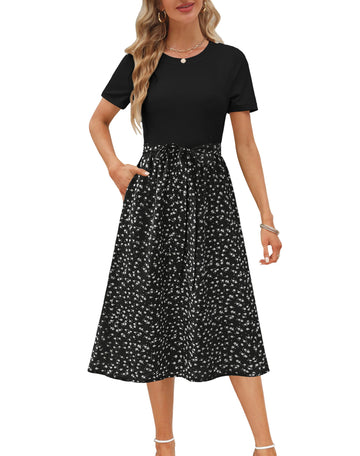UVN Summer Dresses for Women Short Sleeve Ribbed Casual Midi Dress Ladies Floral Print Sundress with Pockets