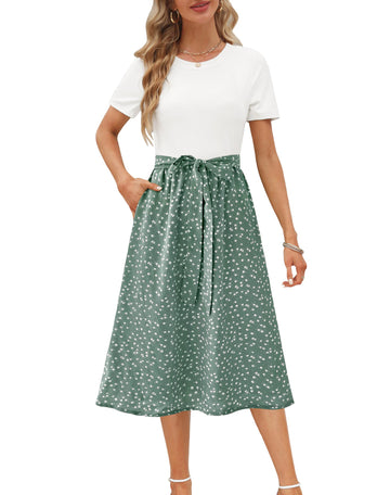 UVN Summer Dresses for Women Short Sleeve Ribbed Casual Midi Dress Ladies Floral Print Sundress with Pockets
