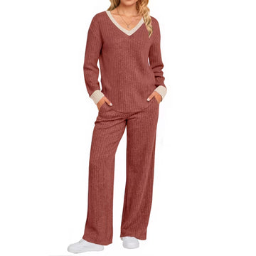 UVN Outfit Sets for Women Two Piece Sets Winter Casual Long Sleeve Tops and Long Pants Lounge Sets Ribbed Knit Pajama Sets with Pockets