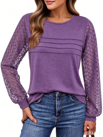 UVN Blouses for Women Dressy Lace Pleated Tunic Tops Casual Long Sleeve Fall Shirts